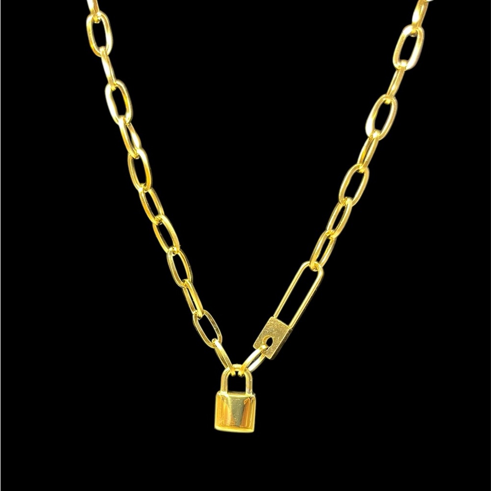 Paperclip Lock Pendant Gold Plated Necklace Trendy Chain Link Statement Jewelry